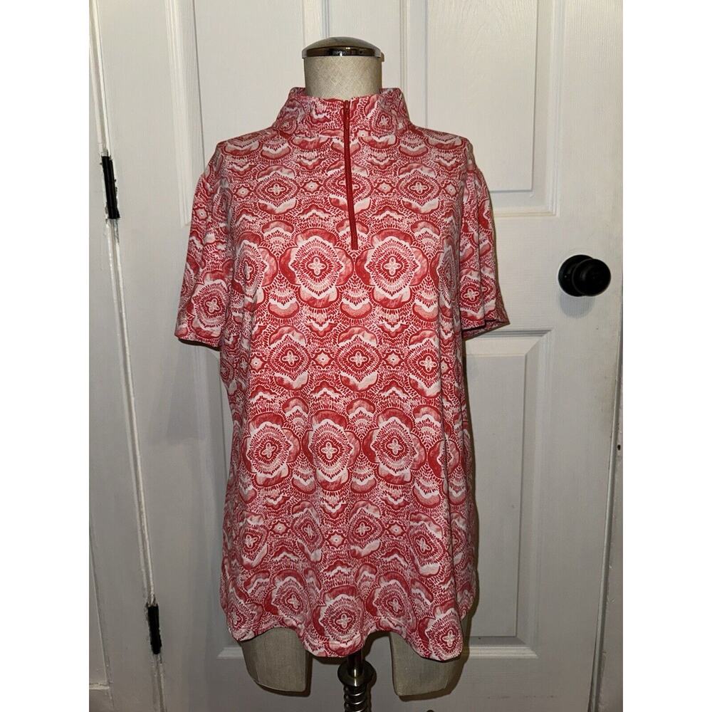 IBKUL Women’s Performance Short Sleeve Pink White Print Top Size L